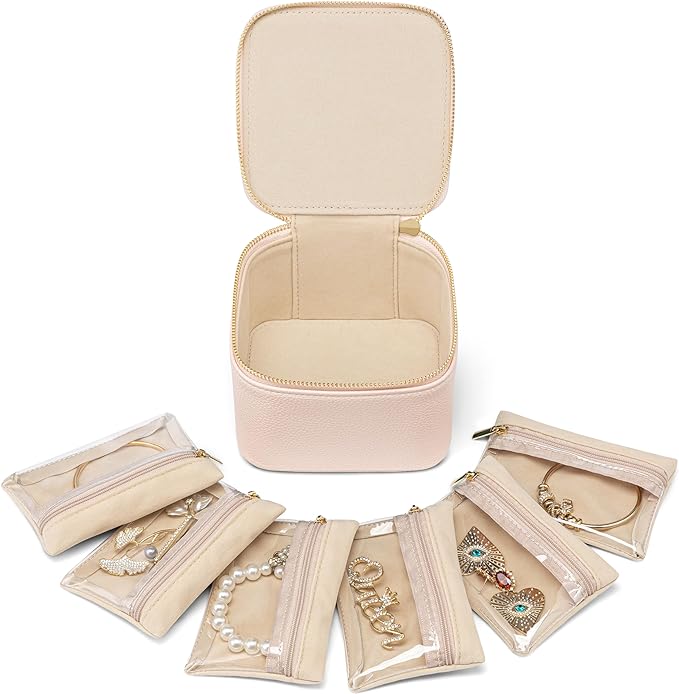 Vlando Travel Jewelry Case,Jewelry Organizer with 6 zipper velvet Jewelry bags for Women Girl,Wedding Birthday Gift Ideas for Women Earrings Rings Storage Gift Box Packaging Pink by VLANDO