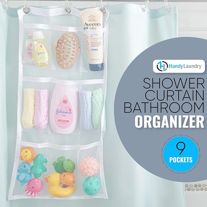 Handy Laundry Hanging Shower Organizer (2-Pack) - 9-Pocket - Mesh Caddy with Deep Storage Pockets for Organizing Bathroom Toiletries and Kids Bath Toys - Hang on Existing Shower Curtain Rings - Image 2