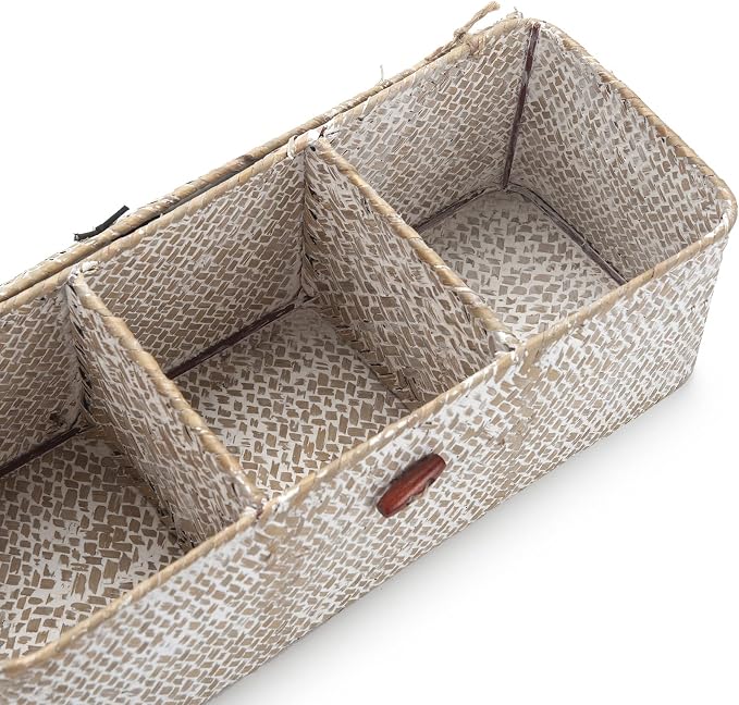 Seagrass Storage Basket with Lid Rectangular Small Woven Shelf Baskets with Sections for Organize Snack Toys Whitewash - Image 5