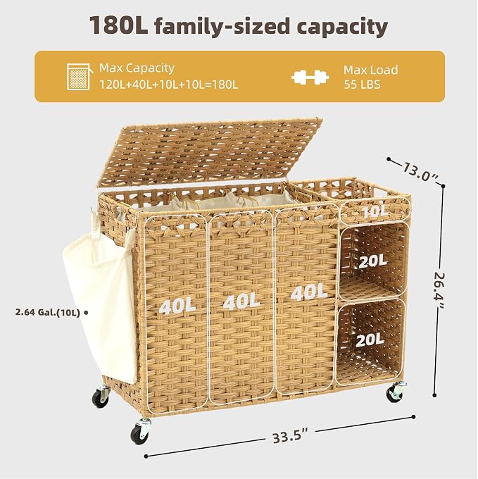 Laundry Hamper with Lid, 160L Rattan Wicker Laundry Basket with Wheels, Handwoven Laundry Hamper 3-Section with Storage shelf(42.3 Gal), Laundry Sorter Basket with Removable Liner, Natural HLH033N - Image 5