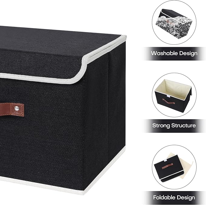 ANMINY 4PCS Storage Bins with Lid PU Leather Handles Storage Boxes PP Plastic Board Decorative Foldable Lidded Cotton Linen Fabric Home Cubes Baskets Closet Organizer Containers - Black, Large Size - Image 4