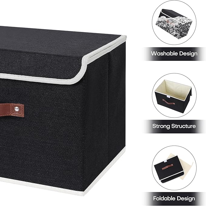ANMINY Storage Bin with Lid Storage Boxes with PU Leather Handles PP Plastic Board Decorative Foldable Lidded Cotton Linen Fabric Home Cubes Baskets Closet Organizer Container - Black, Medium - Image 4