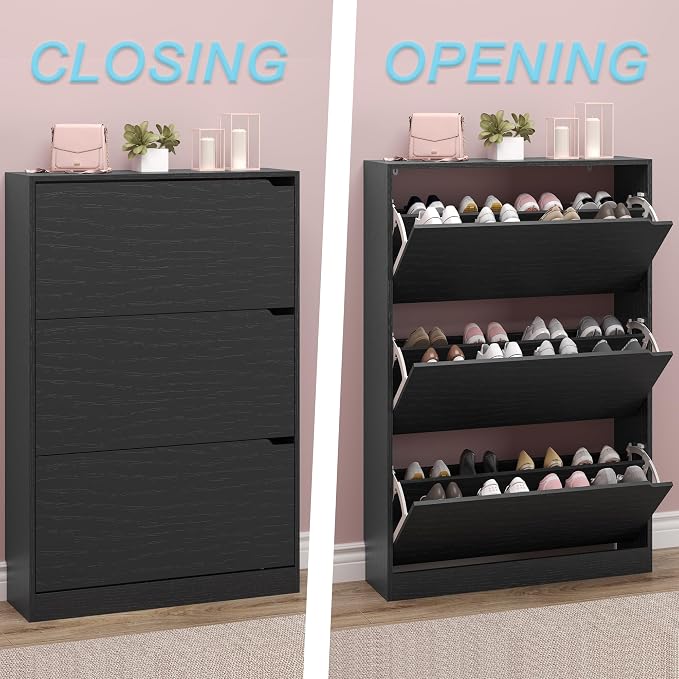 BORNOON Shoe Storage Cabinet with 3 Flip Drawers,Narrow Shoe Rack Cabinet,Freestanding Organizer Storage for Entryway, Hallway, Black - Image 5