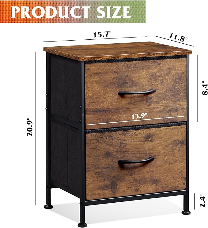 WLIVE Night Stand, Small Dresser with 2 Drawers & Wooden Top, Nightstand with Fabric Bins, Bedside Table End Table for Bedroom, Closet, Entryway, College Dorm, Rustic Brown