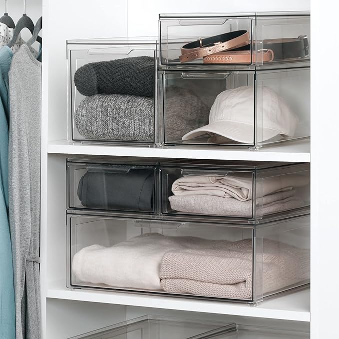 mDesign Plastic Stackable Closet Storage Organizer Bins with Pull Out Drawer for Cabinet, Desk, Shelf, Cupboard, or Dresser Organization - Lumiere Collection - 2 Pack - Clear - Image 3