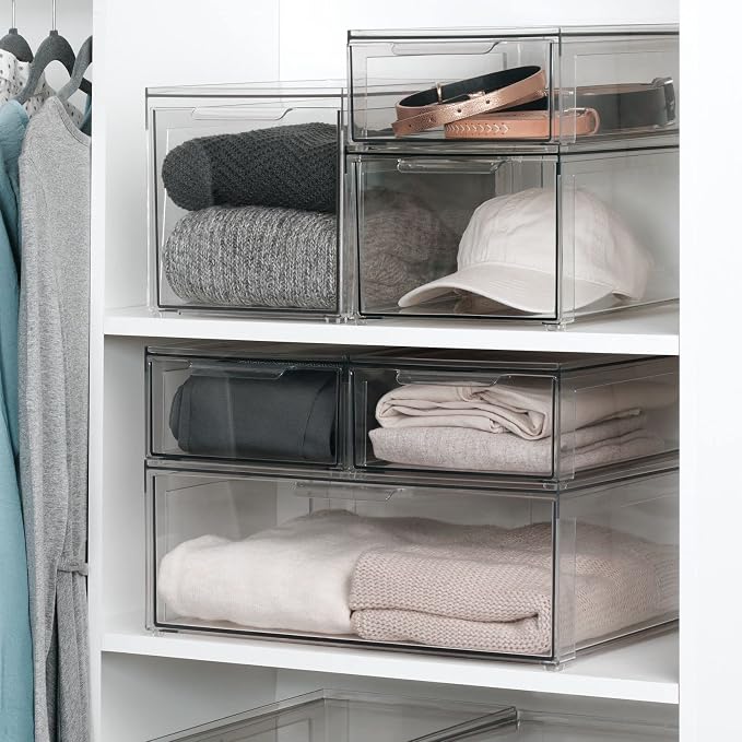 mDesign Plastic Stackable Closet Storage Organizer Bin Containers with Front Pull Drawer for Cabinet, Desk, Shelf, Cupboard, or Dresser Organization - Lumiere Collection - Clear - Image 2