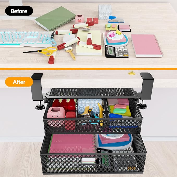 Under Desk Drawer Organizer No Drilling 2 Slide Out Drawer Under Desk Storage Drawer Clamp On Under Desk Management Drawer Organizer Suitable for Home and Office - Image 2