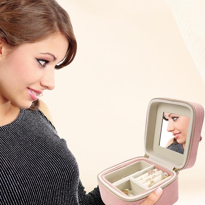 Travel Jewelry Case with Mirror – Small 2-Layer Jewelry Box for Women, Rings and Earrings Necklaces Velvet Organizer Mothers Day Mom Girls Birthday Gifts (Pink) - Image 5