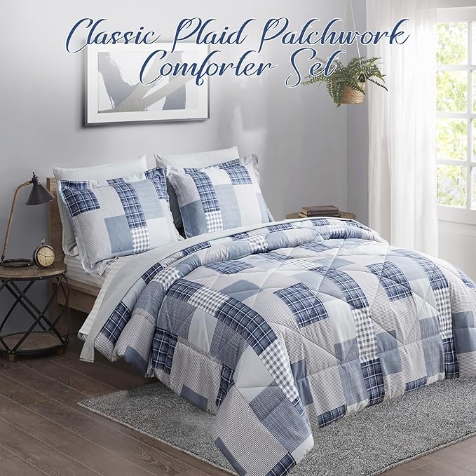 Comforter Set King Size Plaid Patchwork Comforter Bedding-7 Piece Bed in a Bag,Soft Fluffy Reversible Microfiber Bedding Set(1 Comforter,1 Flat Sheet,1 Fitted Sheet,2 Pillowcases,2 Pillow Shams),Blue