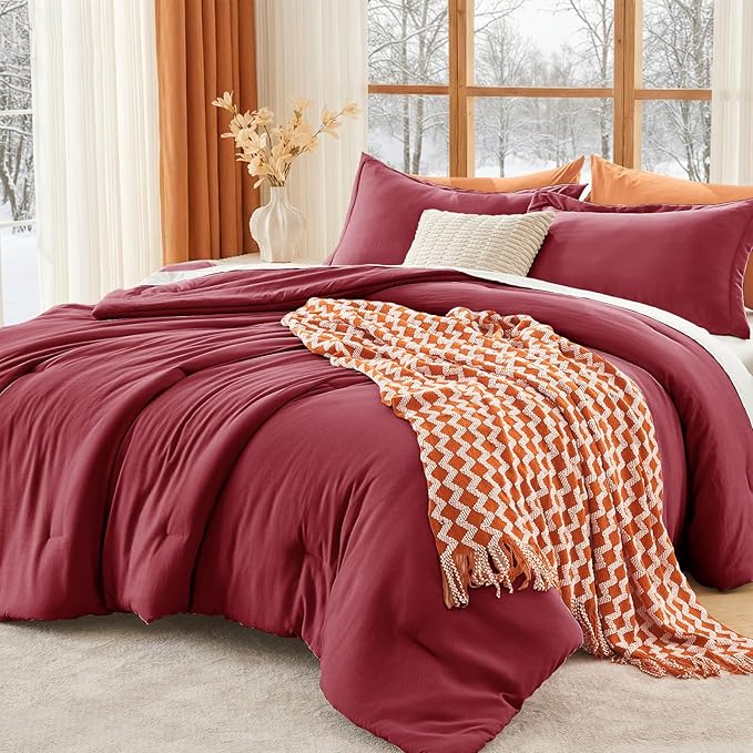 MUXHOMO Full Comforter Sets, All Season Ultra Soft Down Alternative Bedding - 3 Piece Lightweight Bed Set Includes 1 Comforter (82"x86") and 2 Pillow Shams (20"x26"), Burgundy Red