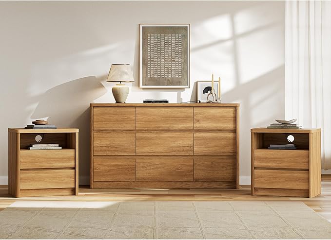 NowMais 3 Pieces of Dresser and Nightstand Set,55 Inch Width 9-Drawer Dresser & 2-Drawer Nightstands Set of 2,Nightstand with USB&Type C Charging Station&Outlets, Modern Design for Bedroom,Natural Oak