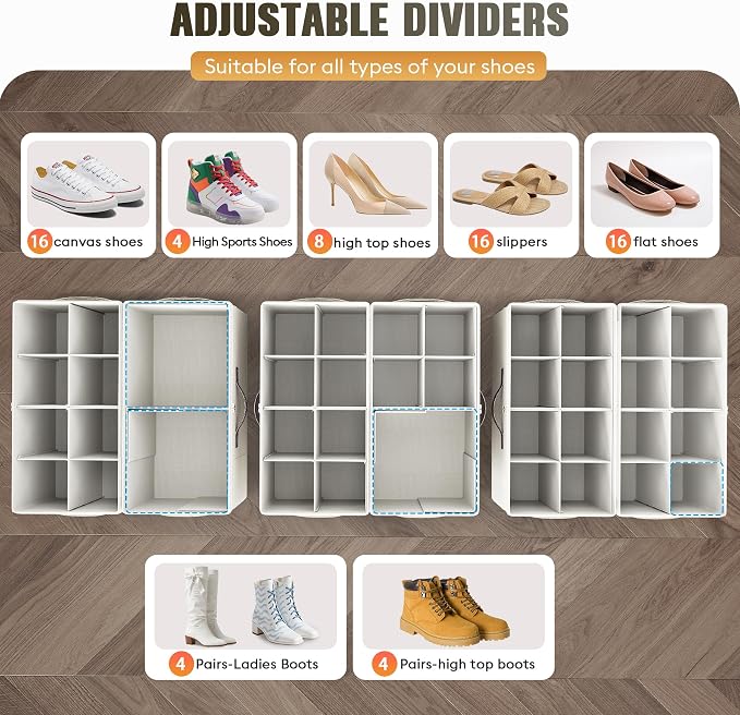 Budding Joy 2 Pack Shoe Organizer for Closet, Clear Foldable Shoe Storage Containers Adjustable Dividers Fits 16 Pairs,Shoe Storage Bins Baskets Boxes with Reinforced Handles Beige - Image 3
