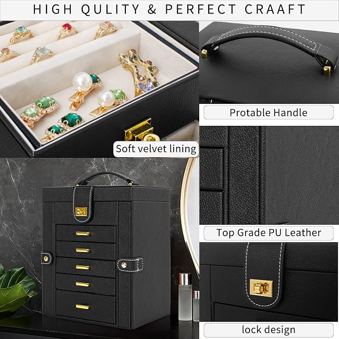 AKOZLIN Jewelry Box Organizer Functional Leather Jewelry Storage Case for Women Girls Ring Necklace Earring Bracelet Holder Organizer with Mirror Black - Image 3