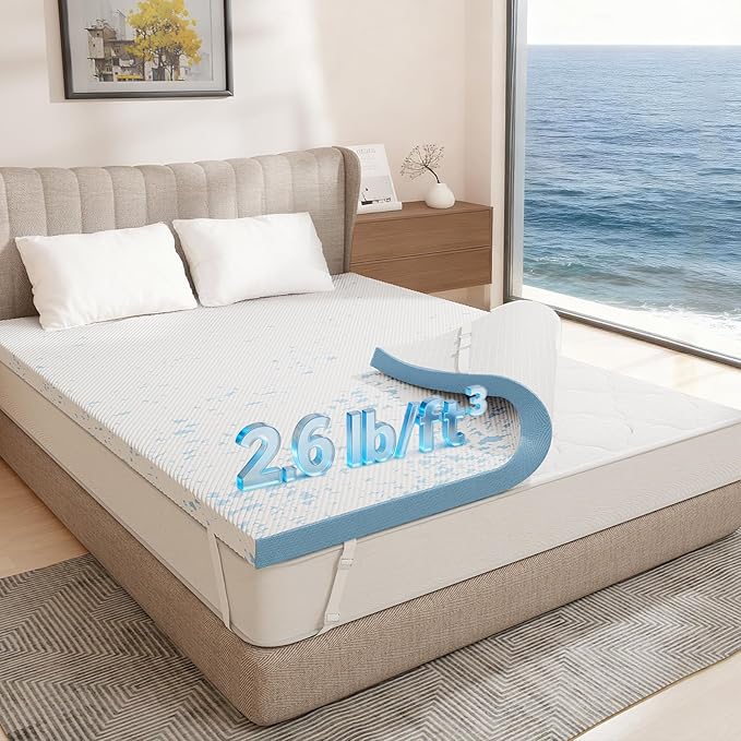 OhGeni 3 Inch Cooling Full Size Gel Memory Foam Mattress Topper Pad, Soft Bed Cover with Anti-Slip Base & Zipper, Fits 6"-19" Mattresses with Straps, Extra Comfort for Sleep & Back Pain Relief