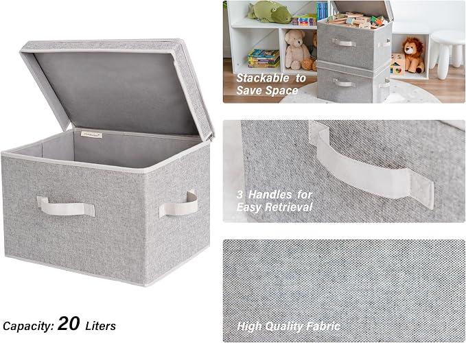 StorageWorks Fabric Storage Bins with Lid, Decorative Storage Boxes for Shelves, Stackable Closet Organizer Basket with Handles, Large, Gray, 2-Pack - Image 3