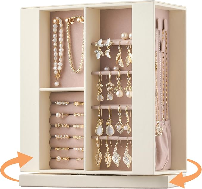 Jewelry Box Organizer for Women: 360 Rotating Vertical Storage Case, Ivory Leather with Pink Velvet, Ring Necklace Bracelet Holder, Gift Decor, 10 x 8.7 x 3.9 in by pickpiff