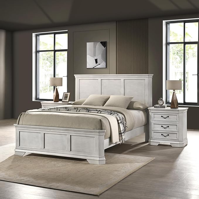 Roundhill Furniture Maderne Wood Panel Bed with Two Nightstand, Queen, Antique White Finish