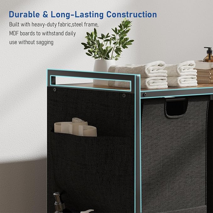 Huhote Laundry Hamper, Laundry Basket, Laundry Sorter with Top Shelf & 3 Removable Washable Bags & Side Pockets for Laundry Room organization, Bathroom and Dorm, Rustic Brown and Black - Image 8