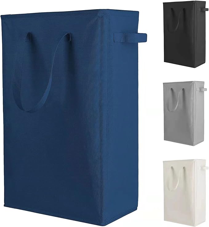 Odonata Slim Laundry Hamper Handles Collapsible Laundry Basket Thin Dirty Clothes Basket Narrow Laundry Bag Foldable Dirty Hamper 45L (Navy blue) by Odonata