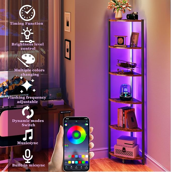 Corner Shelf with LED Lights, 6-Tier Corner Bookshelf, 66'' Organizer Book Shelf Shelves Steel Frame Display Stand with Living Room, Bedroom, Study, Rustic Brown - Image 3