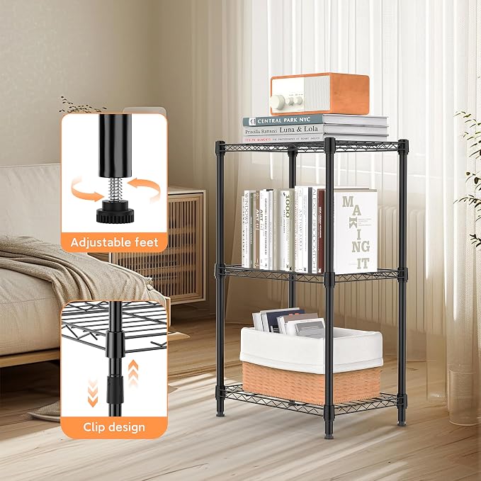 M MZG 3 Tiers Shelf Metal Storage Shelves Wire Rack Closet Organizers with Wheel for Garage Kitchen Bathroom Laundry Black 11.8" D x 17.7" W x 28.8" H - Image 4
