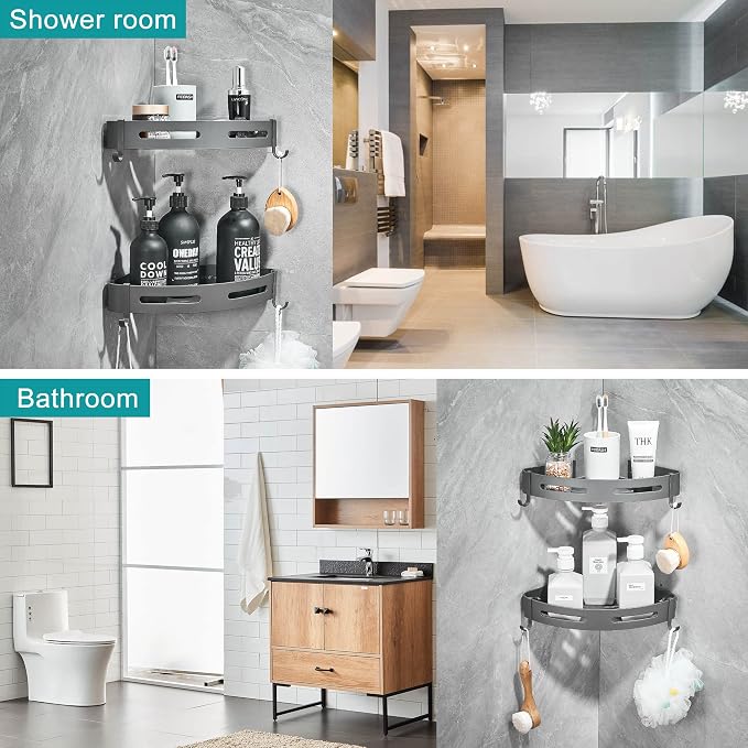 Hoomtaook 2-Tier Corner Shower Shelf No Drilling Bathroom Shelves Shower Caddies Adhesive Bath Corner Shelf Wall Mounted Bathroom Shower Caddy Organizer - Dark Grey - Image 3