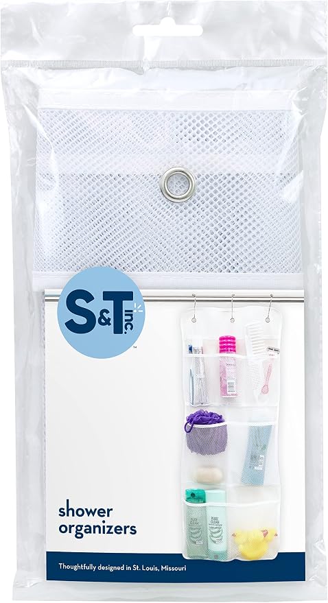 S&T INC. Shower Organizer, Shower Caddy or Bathroom Organizer with Quick Drying Mesh, 7 Pockets to Hold Shampoo, Soap, Loofah, and Cruise Ship Essentials, 14 Inch by 30 Inch, White, 2 Pack - Image 7