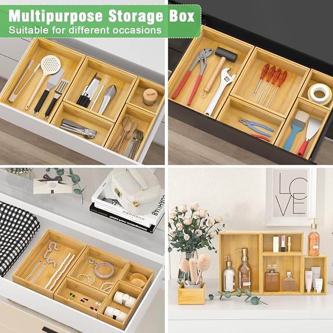 Bamboo Bathroom Drawer Organizer Dividers, Wooden Kitchen Utensil Holder Set of 5, Stackable Junk Drawer Organizer Tray, Multi-Use Storage Bins Boxs for Home, Office, Clothing, Makeup, Jewelry - Image 5
