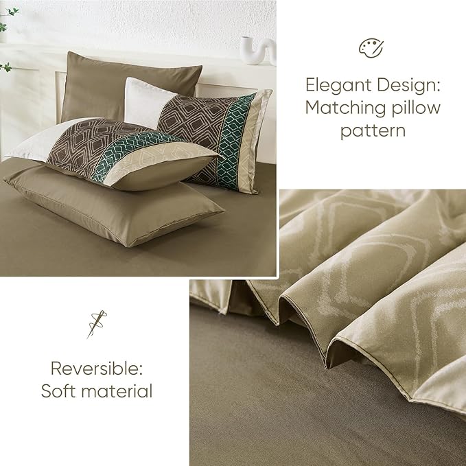 Dinjoy Queen Comforter Set Khaki Boho,7 Piece Bed in a Bag Queen Size Warm Striped Bedding Sets Comforters with Plaid Light Brown Bed Set with Sheets for Women Fall Winter