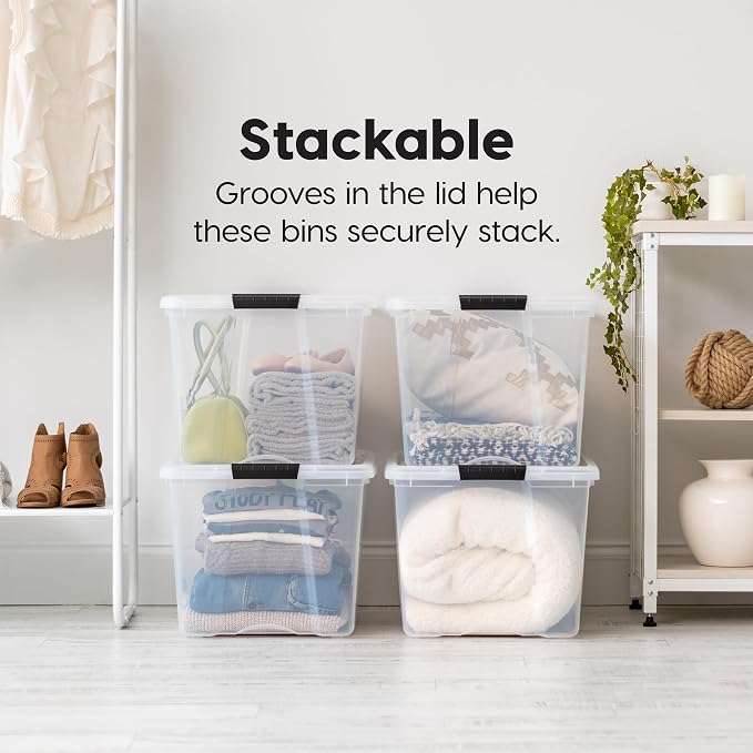 IRIS USA 72 Qt Stackable Plastic Storage Bins with Lids, 6 Pack - BPA-Free, Made in USA - See-Through Organizing Solution, Latches, Durable Nestable Containers, Secure Pull Handle - Clear - Image 4