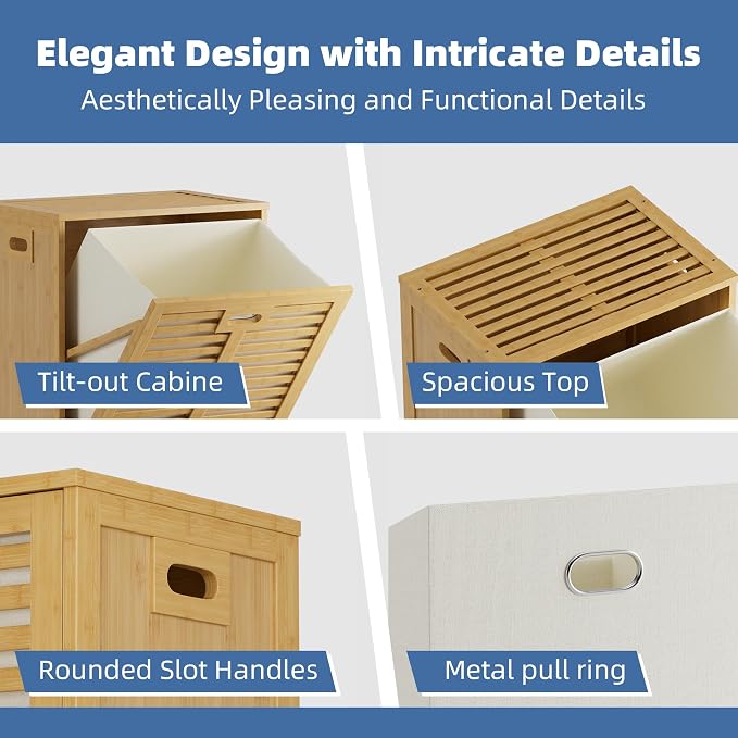HITNET Tilt Out Laundry Hamper, Bamboo Laundry Cabinet with Hidden Removable Basket, Freestanding Clothes Storage organizer for Bedroom, Bathroom, Living Room, Natural - Image 6