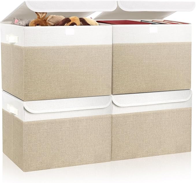 Bagnizer Large 22 Quart Linen Fabric Foldable Storage Bin Cube Organizer Basket with Flip-Top Lid & Handles, Clothes Blanket Box for Home, Office, Closet, Beige & White, 4 Pack 14.6 x 9.5 x 9.5” by Bagnizer