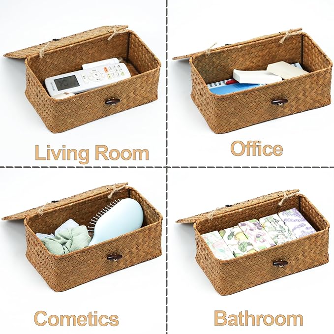 Set of 2 Wicker Basket with Lid, Seagrass Woven Basket for Storage, Decorative Storage Baskets Bins for Organizing Home - Image 2