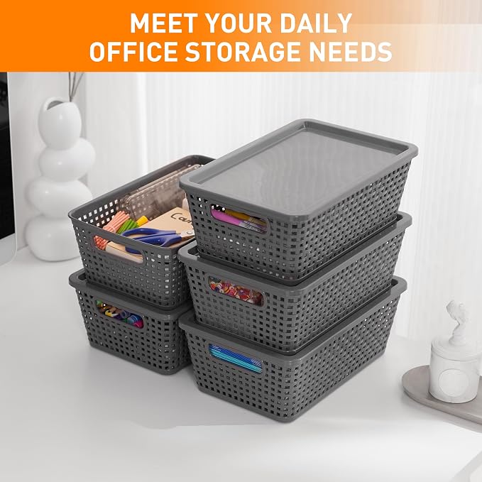 Plastic Storage Baskets With Lid, Storage Bins for Organizing, Stackable Decorative Containers for Shelves Drawers Desktop Closet Playroom Classroom Office, 6 Pack-Grey - Image 5