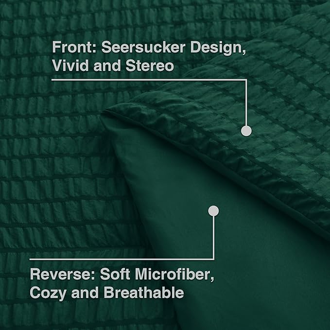 Love's cabin Seersucker Dark Green King Size Comforter Set, 7-Piece All Season Lightweight Bed in a Bag Bedding Set with Comforter, Flat Sheet, Fitted Sheet, Pillowcases and Shams | Soft, Breathable, Lightweight