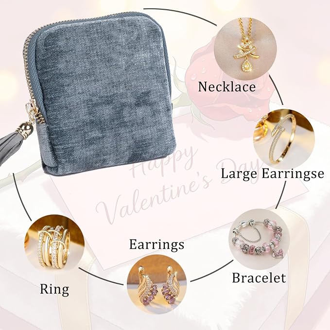 ASINGYER Travel Jewelry Storage Bag for Women, Velvet Portable Jewelry Organizer with Tassel Zipper, Small Pouches for Bracelets Necklaces Rings Earrings, Wedding Gift for Women (Blue) - Image 4