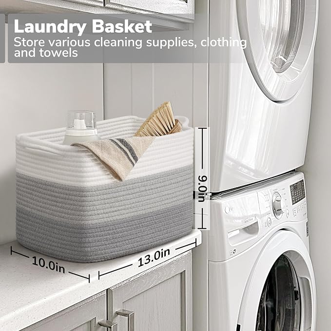 Goodpick Woven Storage Basket, Closet Storage Bins for Books, Towels, Cotton Rope Organizer with Handles, Square Toy Gift Basket for Kids, Gradient Gray, 13 x 10 x 9 Inches - Image 6