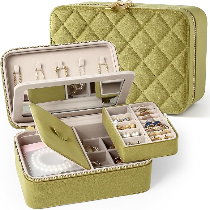 Velvet Travel Jewelry Box with Large Mirror, Double-Layer Jewelry Organizer Case for Women and Girls, Portable Storage Case with 6 Anti-Tarnish Bags Gift Ready for Her (Avocado Green) by Lumayina