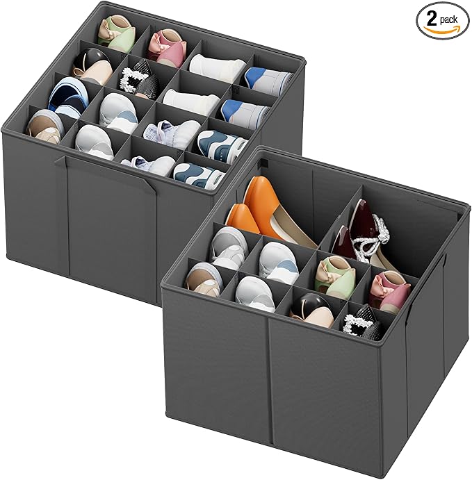 SpaceAid Shoe Organizer for Closet, 2 Pack Foldable Shoe Storage Containers Baskets Boxes Bins w/Adjustable Dividers, Fits 16-32 Pairs, Grey by SpaceAid