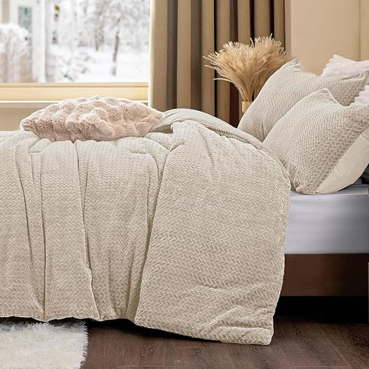 Flannel Fleece Comforter King Set - Furry Linen Leaves Pattern Faux Fur Bed Set, Winter Ultra Soft Fuzzy Comfort Set, Velvet Bedding Set for Bed with 2 Pillow Cases