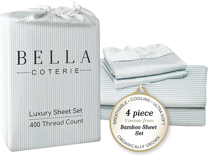 Bella Coterie Luxury Bamboo Viscose Queen Size Sheet Set | 100% Organically Grown | Ultra Soft | Cooling for Hot Sleepers | 18" Deep Pocket [Striped Coastal Blue]