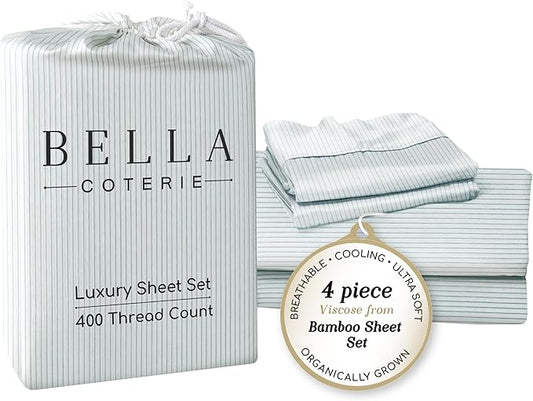 Bella Coterie Luxury Bamboo Viscose King Size Sheet Set | 100% Organically Grown | Ultra Soft | Cooling for Hot Sleepers | 18" Deep Pocket [Striped Coastal Blue]