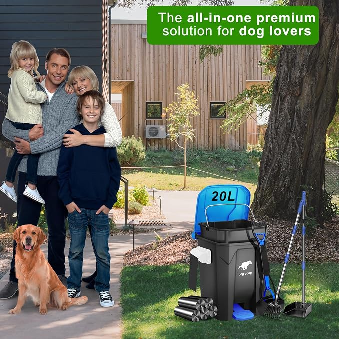 Dog Poop Trash Can Outside with Pooper Scooper and Metal Rake & Tray, 20L/5Gal Dog Waste Trash Can with Lid, Pedal and Removable Inner Waste Bin, Pet Poop Bin with 100 Bags, Blue - Image 7