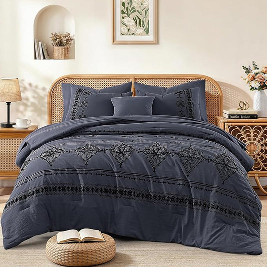 MaiRêve King Size Comforter Set Crown Blue, Embroidery Floral Western Boho Bedding Set, All Season 7 Pieces Bed in a Bag with Sheets, Pillowcases & Shams