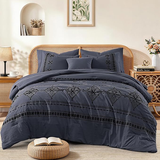 MaiRêve Full Size Comforter Set Crown Blue, Embroidery Floral Western Boho Bedding Set, All Season 7 Pieces Bed in a Bag with Sheets, Pillowcases & Shams