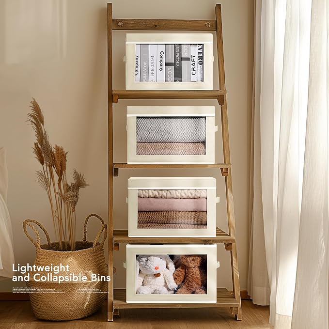 Homsorout Storage Cubes with Lids - 5 Pack Foldable Clear Window Storage Bins, Large Decorative Storage Bins with Handles, Storage Containers for Clothes, Towel, Blanket, Sheet, Beige - Image 3