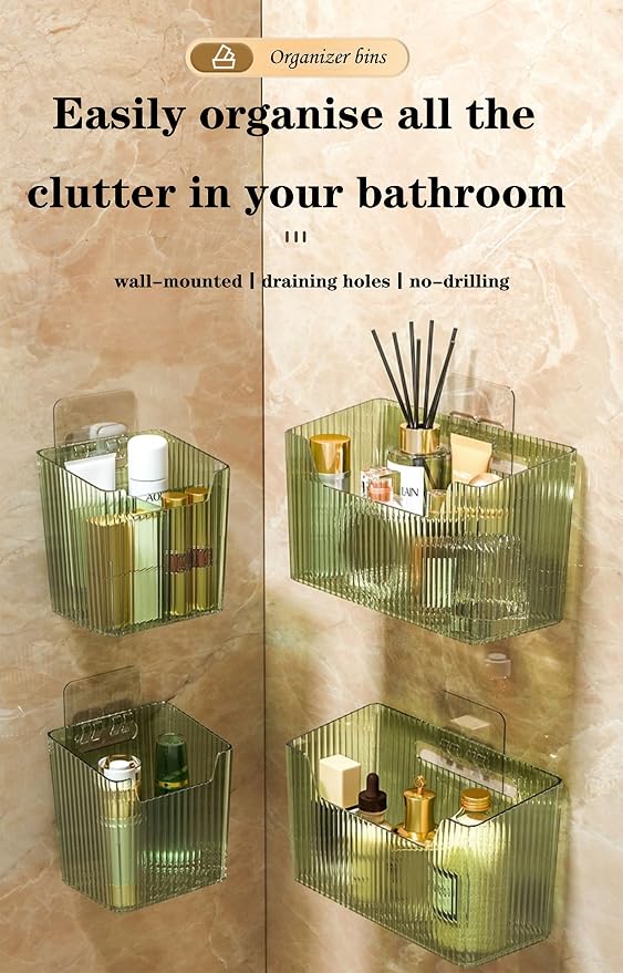 Set Of 2 Storage Organizer Bins Wall Mounted Shower Basket, Shower Caddy Stackable Clear Plastic Makeup Organizer Adhesive Hanging Bin for Bathroom, Kitchen, Cabinet, Pantry, BPA Free, Green - Image 4