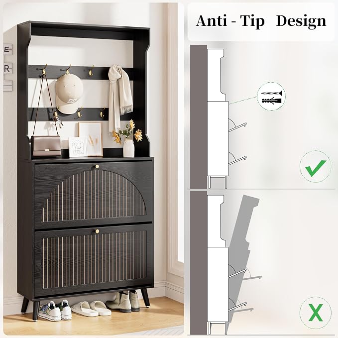 Fsbecl Shoe Cabinet for Entryway with 2 Flip Drawers & Coat Rack, Narrow Hidden Shoe Storage Cabinet with Fluted Panel, 2-in-1 Hall Tree Slim Freestanding Shoe Rack Organizer for Hallway, Black - Image 9