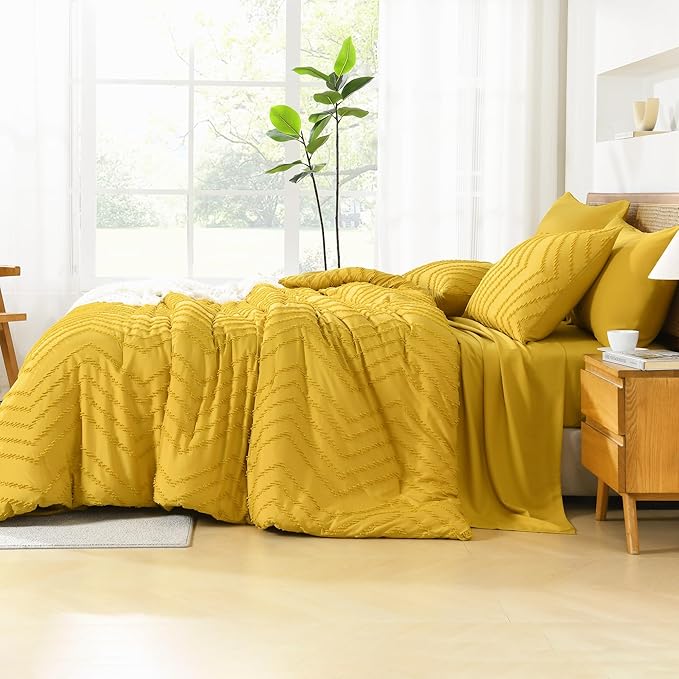 Litanika California King Size Comforter Set with Sheets Mustard Yellow - 7 Pieces Bed in a Bag Cal King Chevron Tufted Complete Bedding Sets with Comforter, Sheets, Pillowcases & Shams