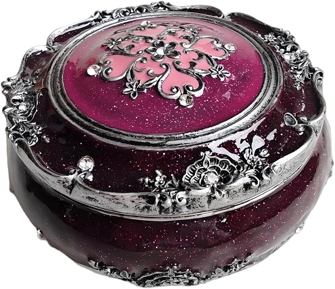 Handcrafted Round Jewelry Box - Vintage Rose Treasure Box with Carved Floral Lid, Elegant Organizer for Rings, Earrings, Necklaces and Bracelets, Romantic Gift for Wedding and Anniversary by XinZhiRun